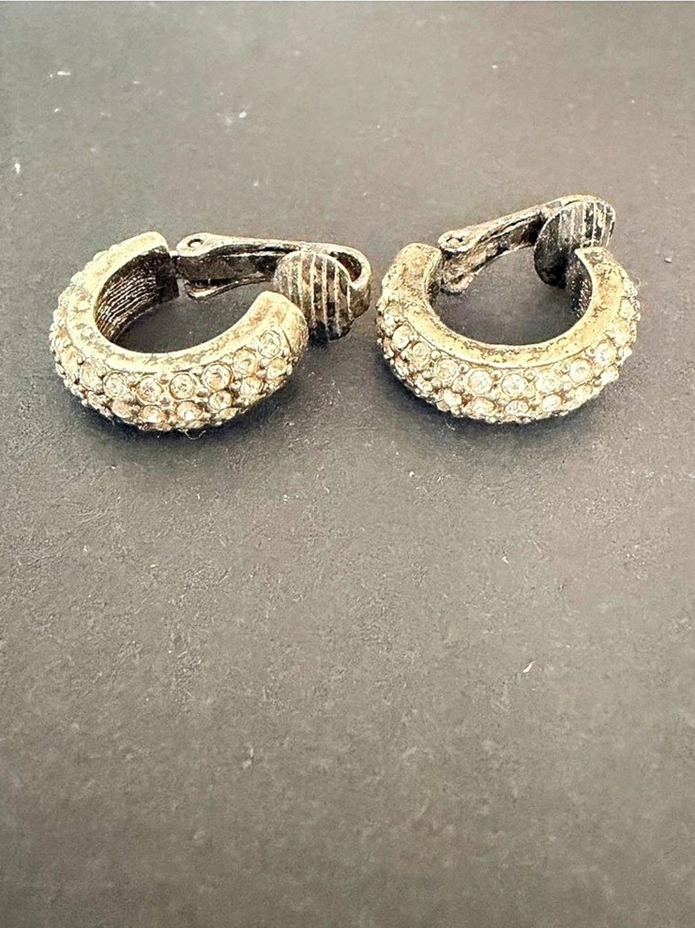Silver Rhinestone Hoop Clip On Earrings Crystal Huggie Costume Jewelry